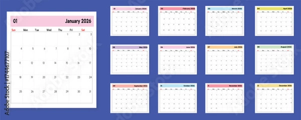 Fototapeta 2026 Monthly calendar 12 months template on white background. Minimalist design layout calendar week starts on sunday. Use for New year, business, print. 