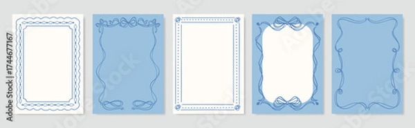 Fototapeta Vintage hand drawn frames vector set. Collection frame template in different shape with ribbon decorative. Design for card, poster, cover, background.