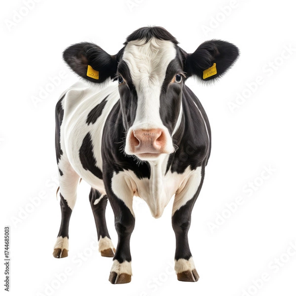 Fototapeta Black and white dairy cow stands and stares into the camera's eye