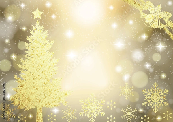 Fototapeta クリスマス背景、イルミネーション、シルエット、キラキラ、かわいい、横、金、イラスト