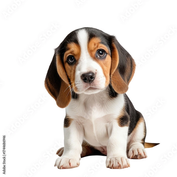Fototapeta Adorable tricolor puppy sits, gazing with big, soulful eyes on black