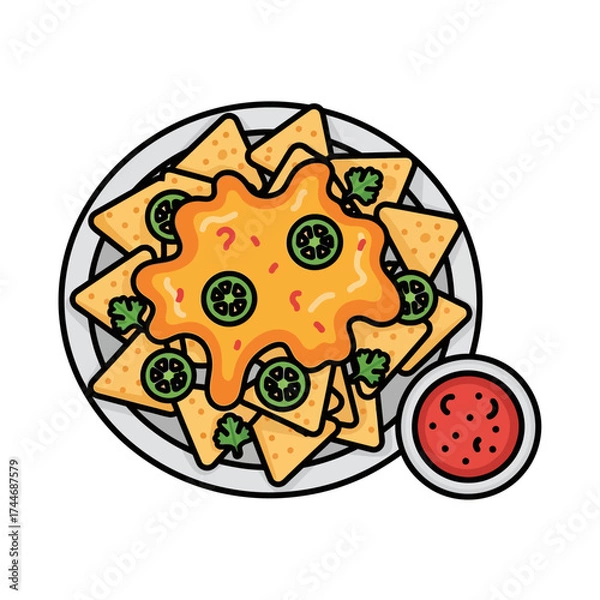 Obraz Cartoon Illustration of Nachos with Cheese and Jalapenos.