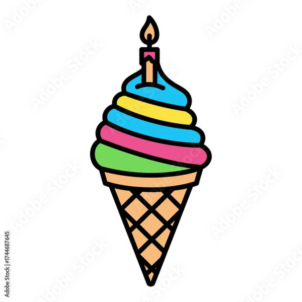 Obraz Colorful birthday ice cream cone with a single lit candle.
