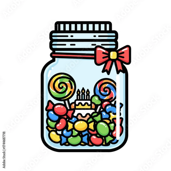 Fototapeta A delightful glass jar filled with an assortment of colorful candies and a small birthday cake.