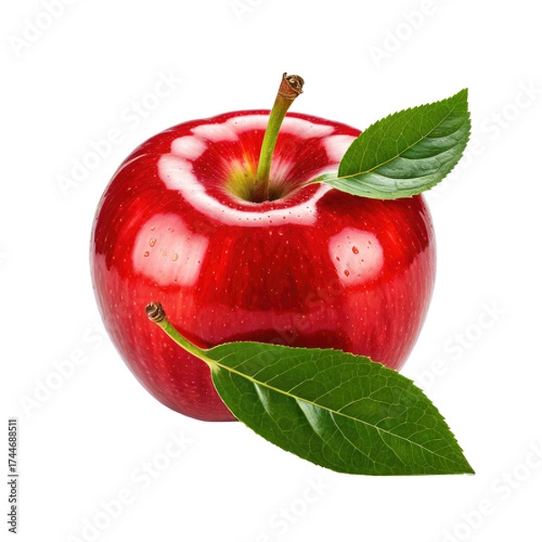 Obraz Shiny, red apple with green leaves isolated against a black background