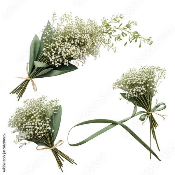 Fototapeta Small bouquets of tiny white flowers with green wrapping on a black background