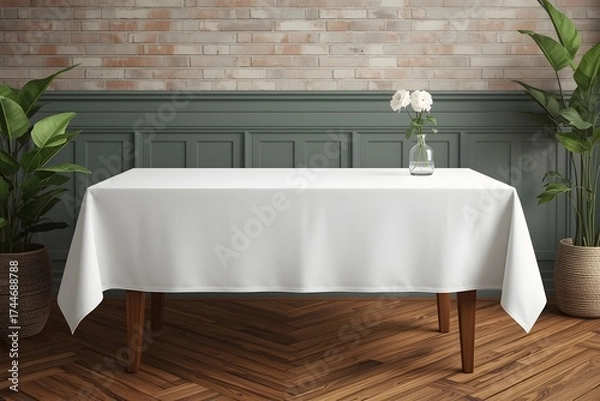 Obraz Fabric space satin on desk template. Kitchen wood table clean textile overlay. Setting cafe table.