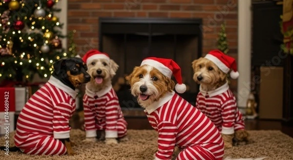 Fototapeta Four dogs in pajamas and santa hats sitting in front of a christmas tree