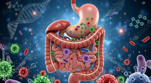 Fototapeta Human digestive system with colorful microbiota.
