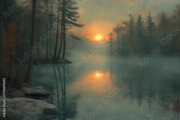 Fototapeta Misty lake at sunset