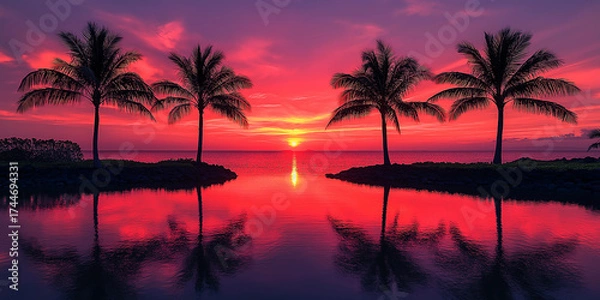 Fototapeta Tropical sunset with palm trees