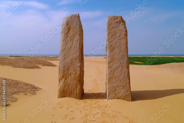 Fototapeta Ancient stone pillars on the sandy beach under a bright blue sky.