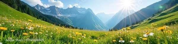 Fototapeta Sunlit Mountain Meadow Wildflowers A Tranquil Landscape Scene of Blooming Wildflowers in a Lush Green Meadow with Towering Peaks, Perfect for Nature Lovers and Idyllic Travel Photography.