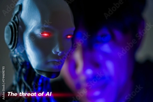 Fototapeta A conceptual image illustrating the threat from artificial intelligence — showing machines, robots, or algorithms posing dangers to privacy, jobs, and human control in a futuristic digital world.