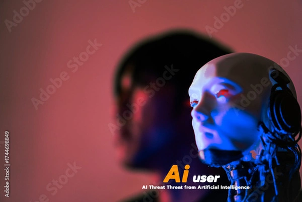 Fototapeta A conceptual image illustrating the threat from artificial intelligence — showing machines, robots, or algorithms posing dangers to privacy, jobs, and human control in a futuristic digital world.