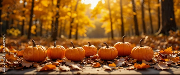 Fototapeta A row of vibrant orange pumpkins rests on a wooden surface, surrounded by fallen leaves. The backdrop features a beautiful forest with golden foliage.