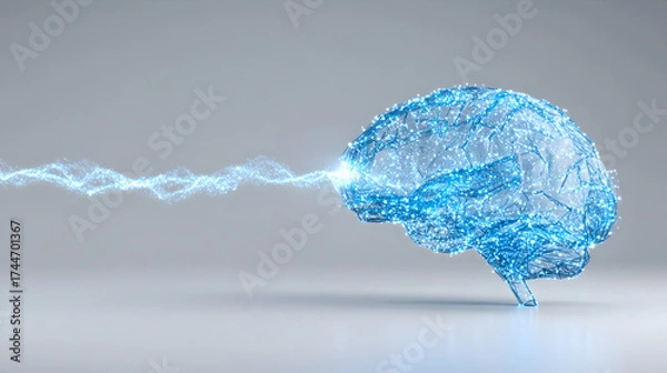 Fototapeta A wave of light particles flows into a digital brain plexus network.
