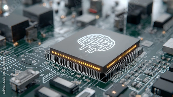 Fototapeta A central processor features an intricate, glowing maze brain icon on top.
