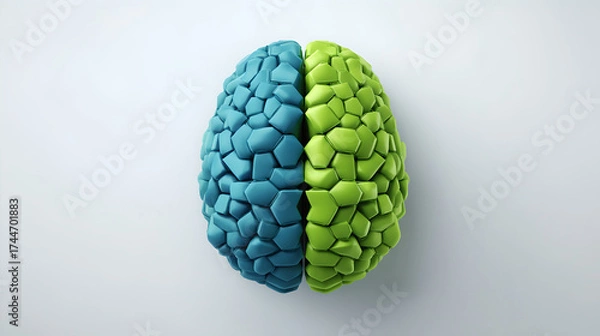 Fototapeta A geometric brain model shows hemispheres in distinct blue and green colors.