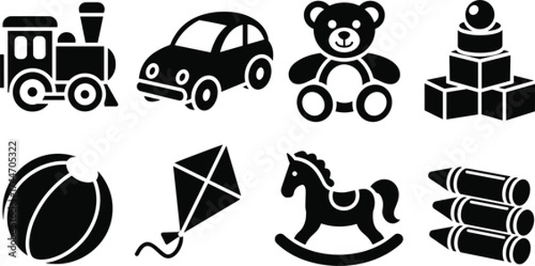 Fototapeta Collection of black toy icons on white background toys train