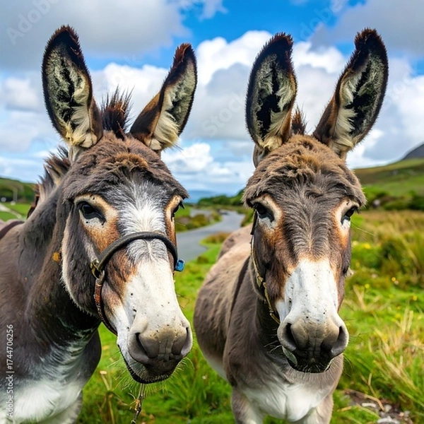 Obraz Two donkeys in a field