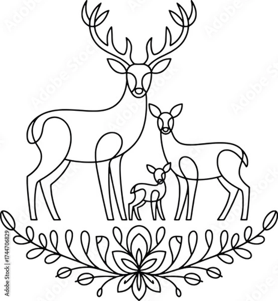 Fototapeta Elegant family of deer with antlers and decorative floral border outline