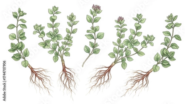 Fototapeta Botanical illustrations of oregano plants with visible roots, isolated on a white background.