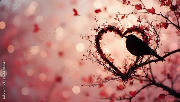 Obraz Delicate bird silhouette forming a heart, pastel Valentine backdrop , spring, bird pink background,