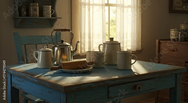 Obraz Table setting with tea pots and cups in front of a window