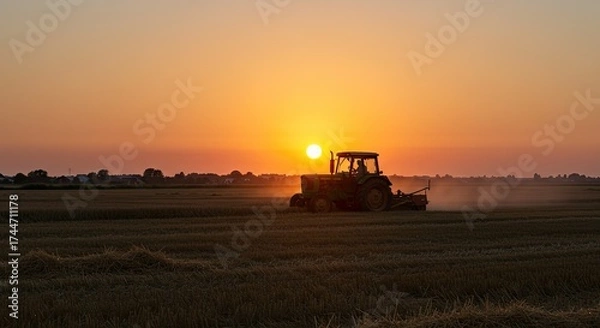 Obraz Tractor in silhouette working in field at sunset agricultural landscape