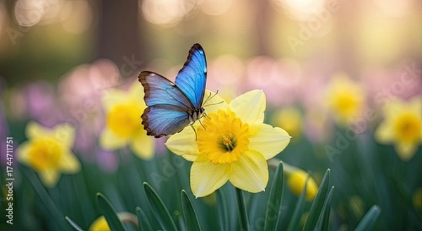Obraz Vibrant blue butterfly rests on a bright yellow daffodil flower in a garden