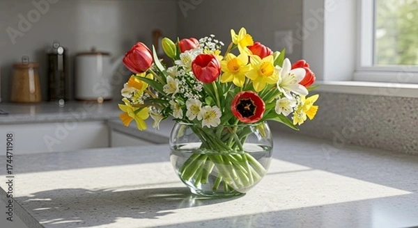 Obraz Vibrant floral arrangement in glass vase overhead sunlight copy space