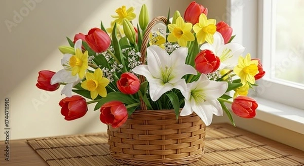 Obraz Vibrant floral arrangement with tulips daffodils and lilies in wicker basket