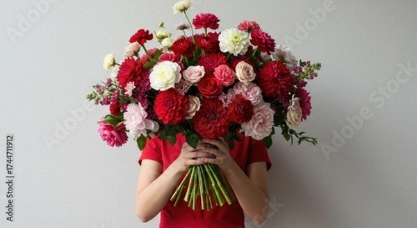 Obraz Vibrant floral bouquet held against neutral background copy space