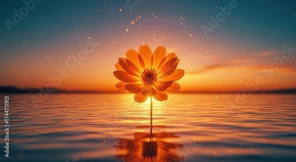 Obraz Vibrant flower illuminated by sunset over water with starry sky