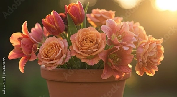 Obraz Vibrant flower arrangement with roses and tulips in a terracotta pot