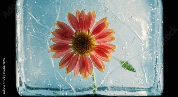 Obraz Vibrant flower encased in ice block on black background conceptual art