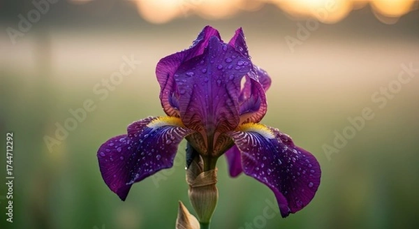 Obraz Vibrant purple iris flower with water droplets against a blurred background