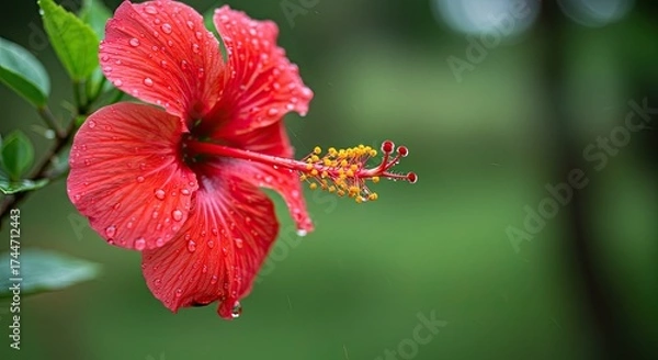 Obraz Vibrant red hibiscus flower close up against soft green background