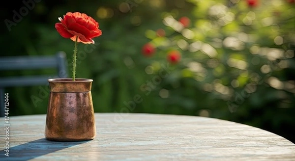 Obraz Vibrant red poppy in antique vase on weathered table with blurred garden