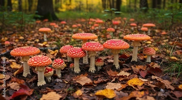 Obraz Vibrant red mushrooms in autumn forest illuminated by sunlight