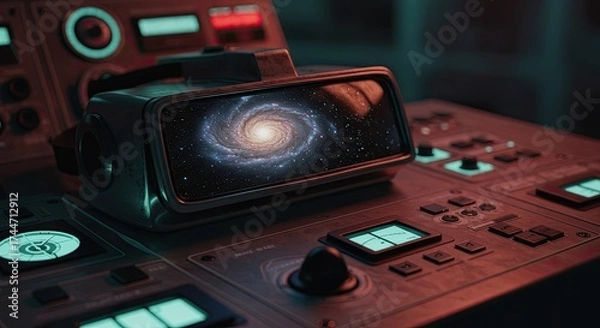Obraz Virtual reality headset displaying galaxy on control panel with buttons and switches