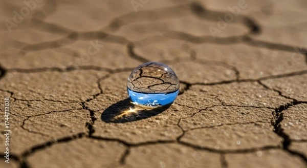 Obraz Water droplet on cracked earth surface reflects sky showing environmental concept