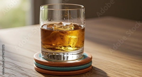 Obraz Whiskey glass on coaster with ice cubes on wooden surface