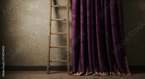 Obraz Wooden ladder and luxurious purple curtain with textured wall backdrop