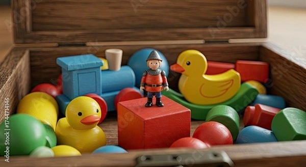 Obraz Wooden toy chest filled with colorful toy train duck and blocks
