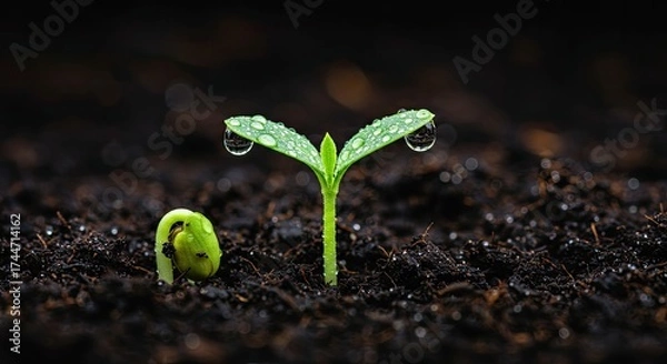 Obraz Young plant seedling emerging from dark soil with water droplets