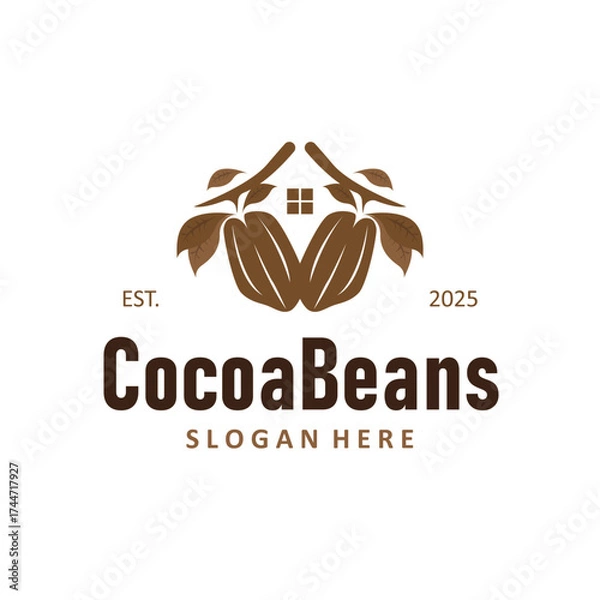 Obraz simple concept of cocoa bean logo, old vintage design and symbol of plantation plant and beverage template, illustration of brand product symbol and poster template