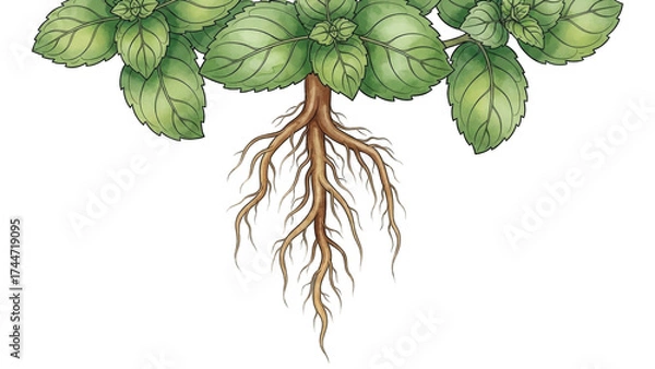 Obraz Plant with green leaves and brown roots on a white background.