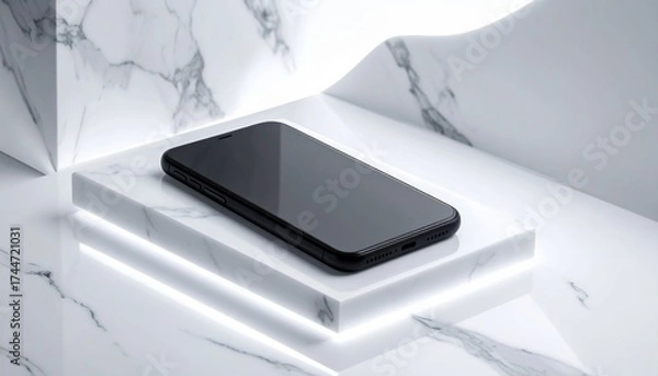 Fototapeta Plain black tech gadget resting on white marble slab, illuminated by futuristic ambie